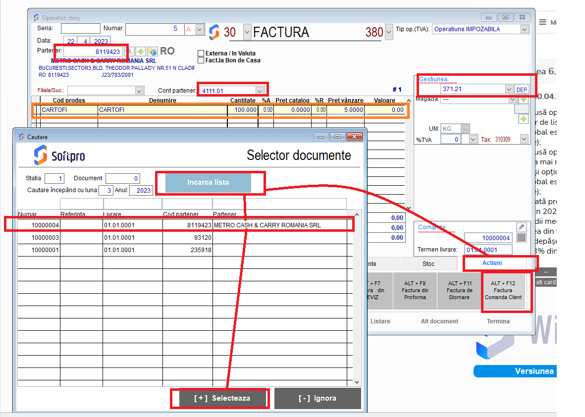 Operare comandă FURNIZORICLIENȚI - SoftPro